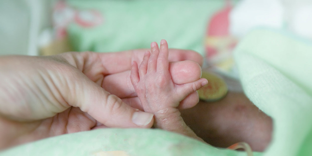 Newborn baby’s hand holding onto the fingers of an adult’s hand.