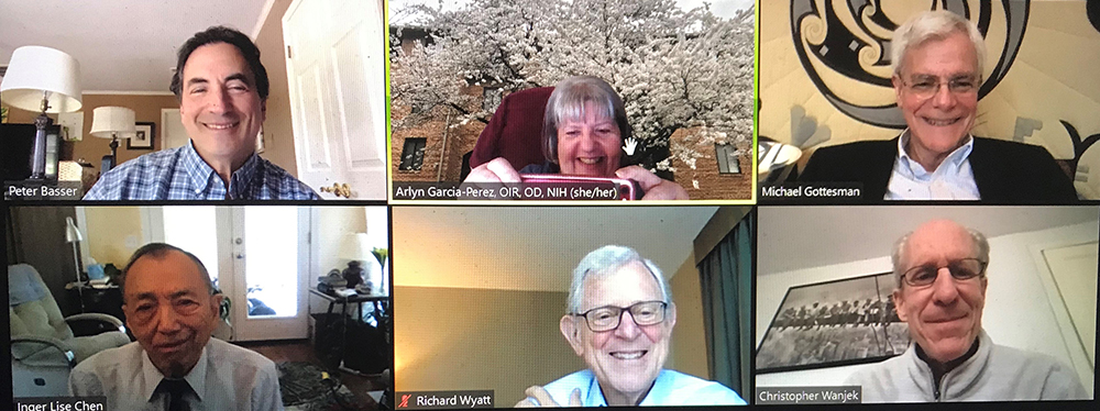 Screenshot of Zoom meeting from Phil Chen Lecture (Peter Basser, Arlyn Garcia-Perez, Michael Gottlesman, Inger Lise Chen, Richard Wyatt, and Christopher Wanjek.